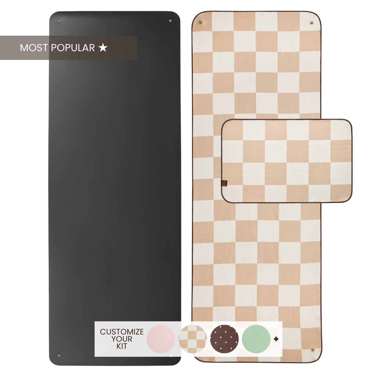 black yoga mat with checkered yoga mat towel and checkered hand towel WITH "MOST POPULAR" LABEL