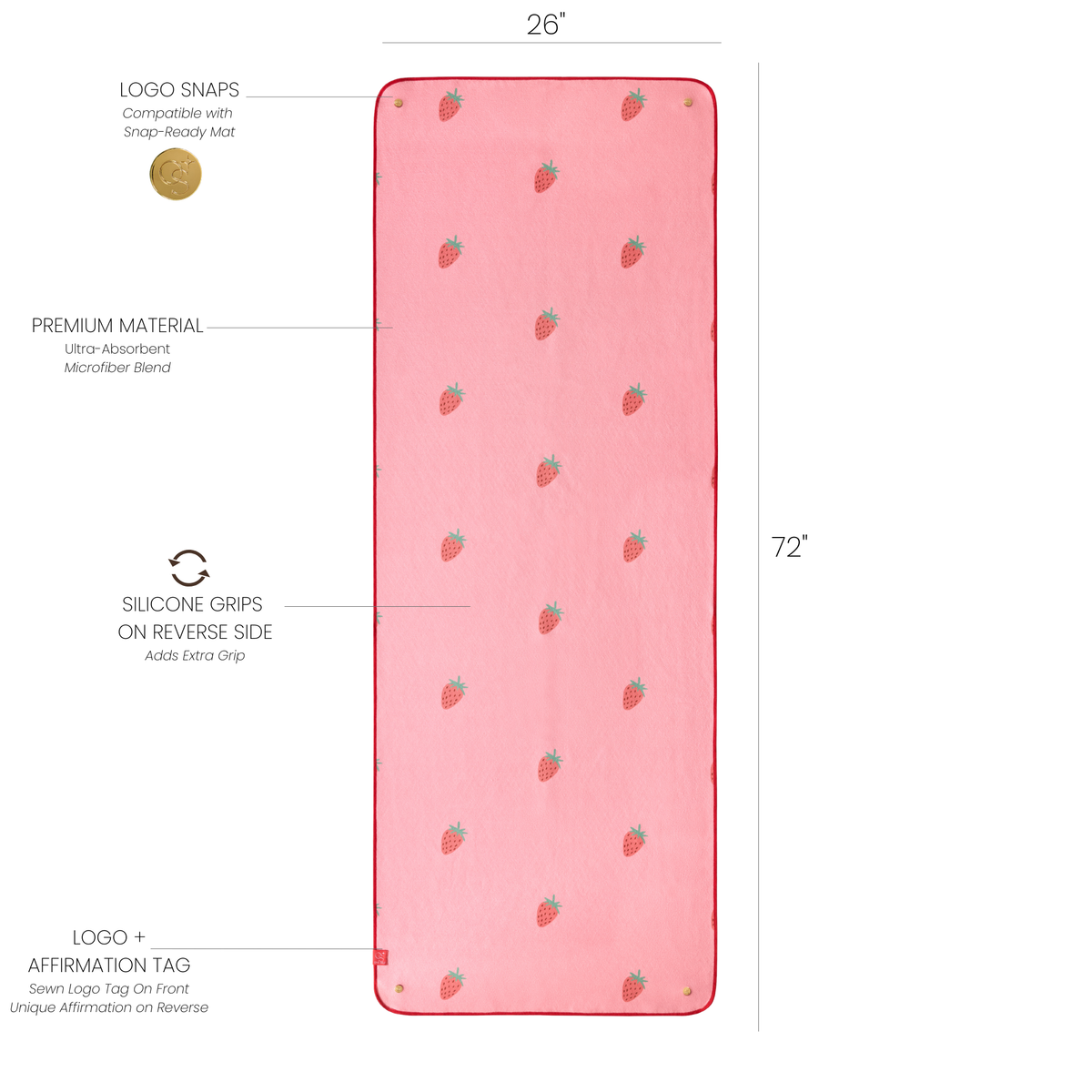 strawberry print yoga mat towel with dimensions and labels