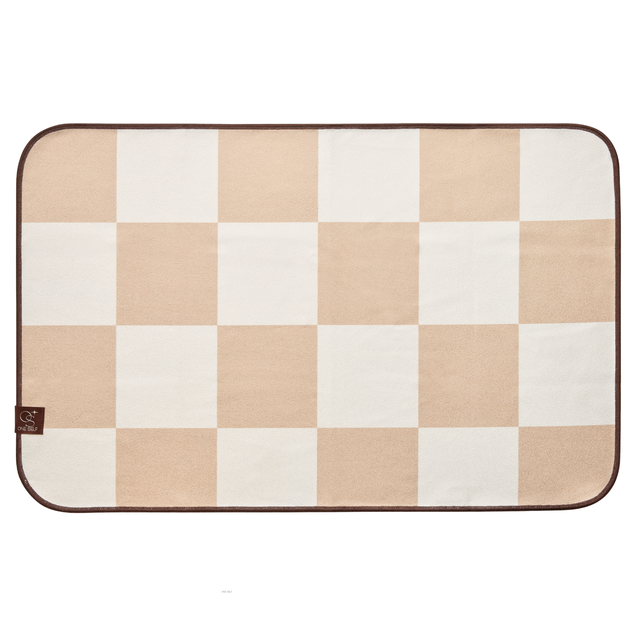 Checkered hand towel with beige and white squares on a white background