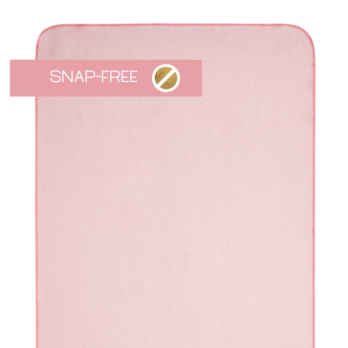 Pink yoga mat towel with 'Snap-Free' label on a white background