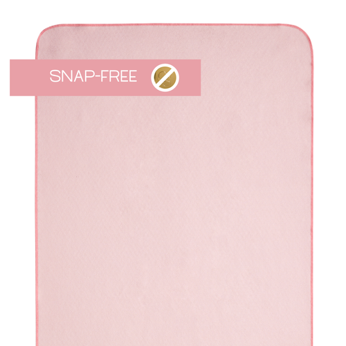 Pink yoga mat towel with 'Snap-Free' label on a white background