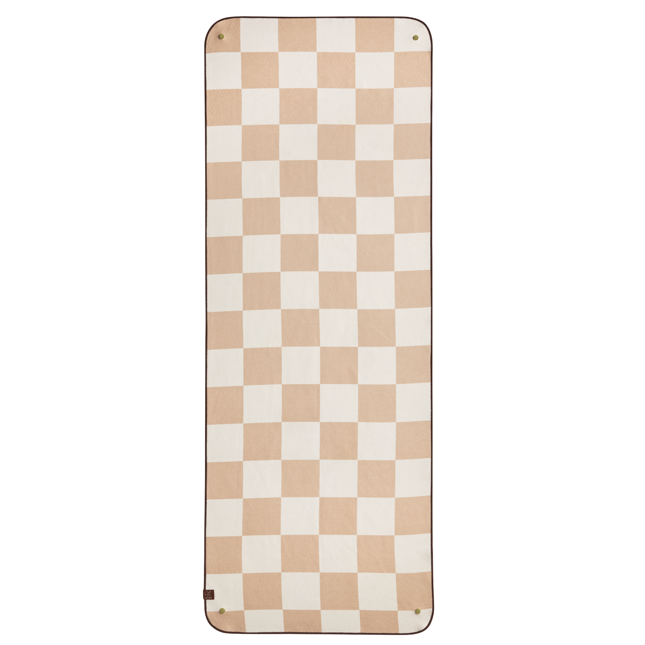 Checkered yoga mat towel with beige and white squares on a white background
