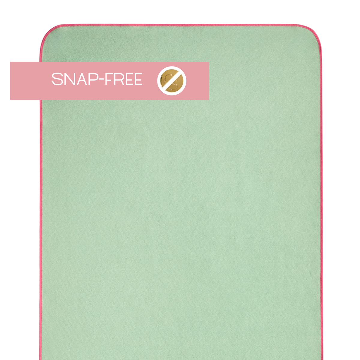 green yoga mat towel with pink border and label that says "snap-free"