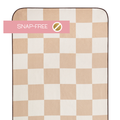 Checkered yoga mat towel with 'Snap-Free' label on a white background