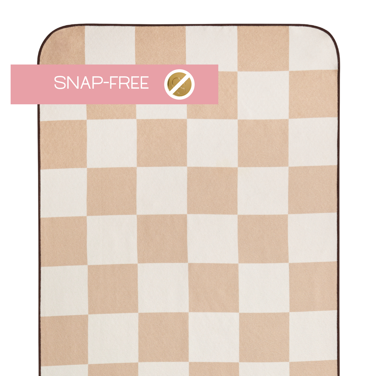 Checkered yoga mat towel with 'Snap-Free' label on a white background