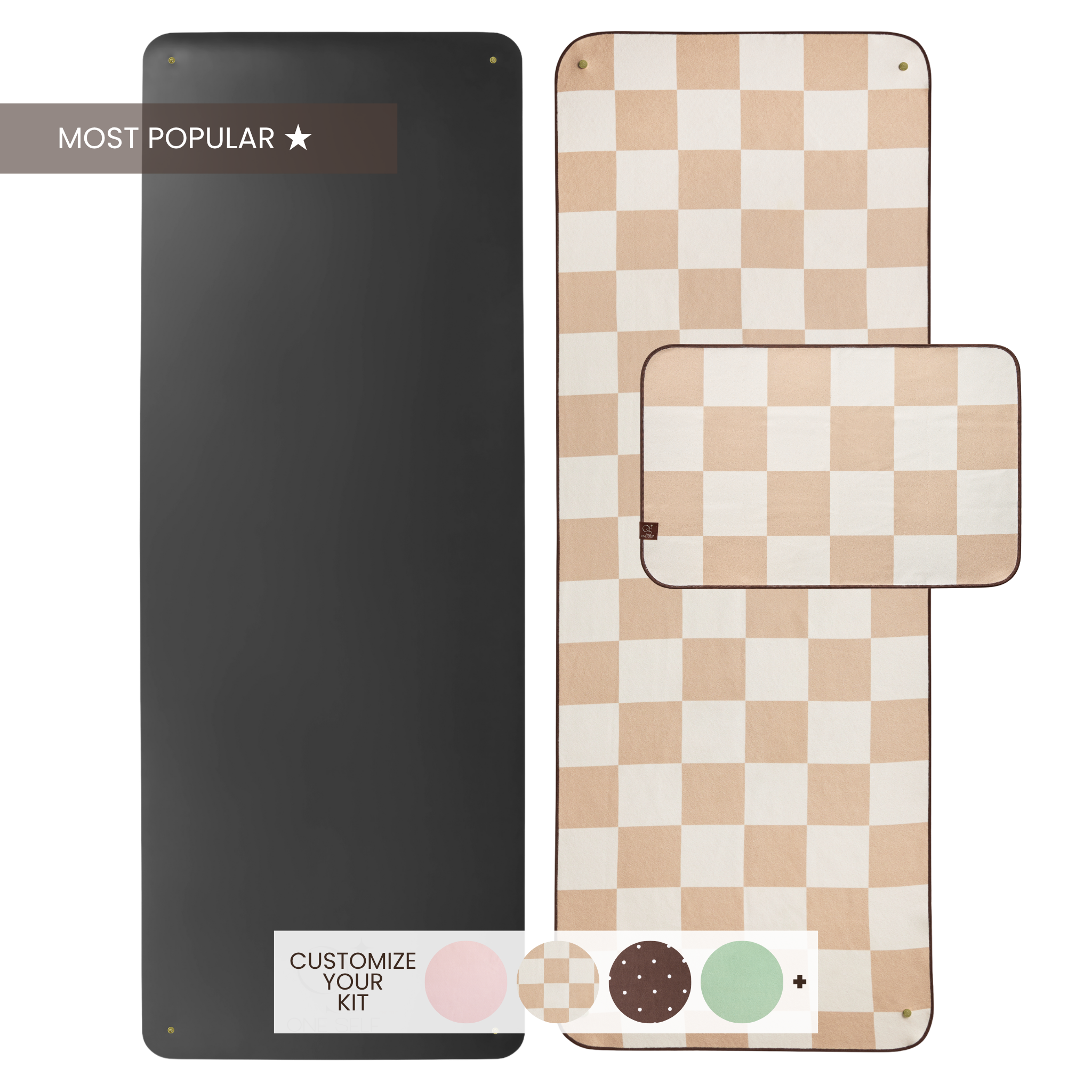 black yoga mat with checkered yoga mat towel and checkered hand towel WITH "MOST POPULAR" LABEL