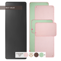 black yoga mat, pink and green yoga mat towel, and pink and green hand towel with label that states "best value"