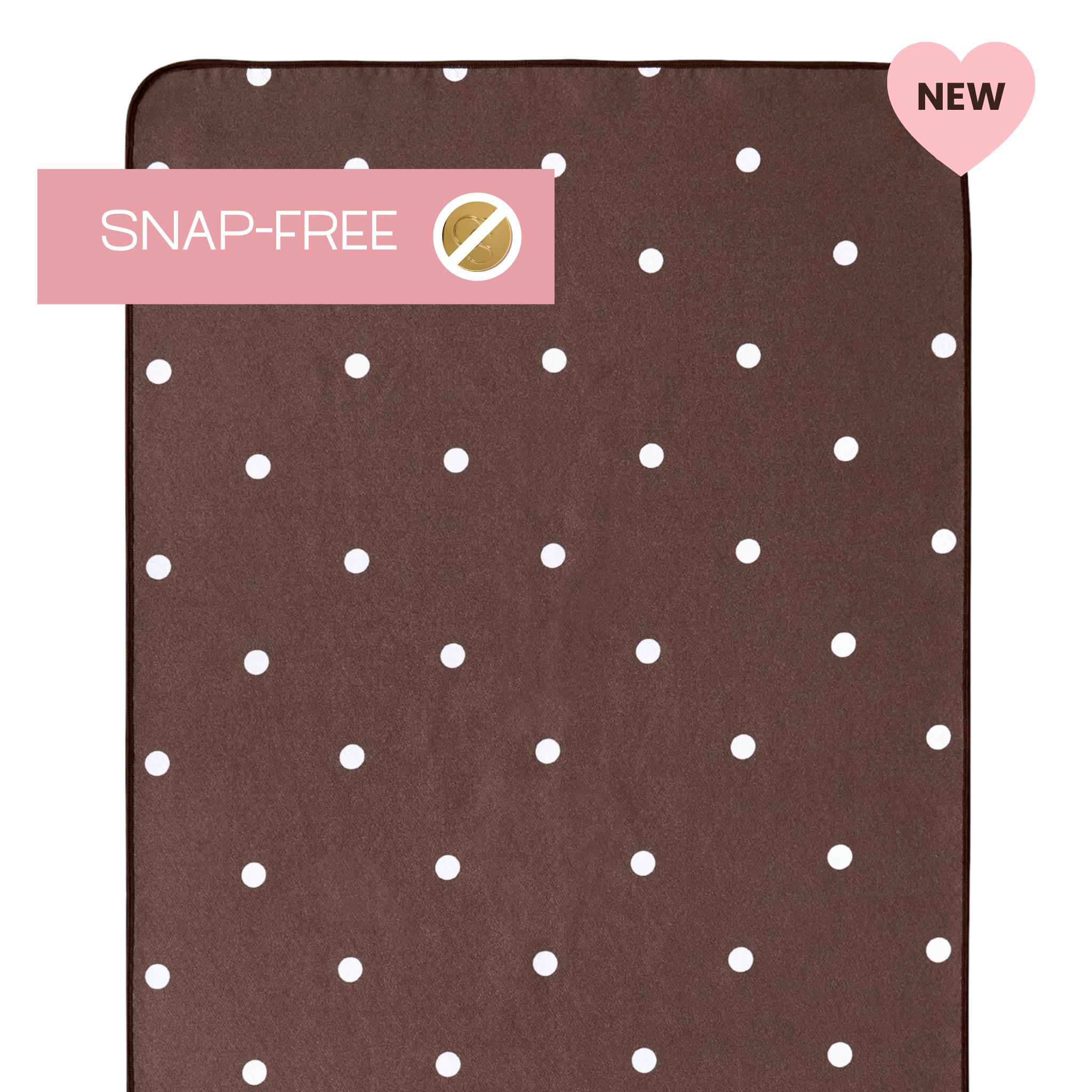brown yoga mat towel with polka dots and label that says "snap-free" and "new"