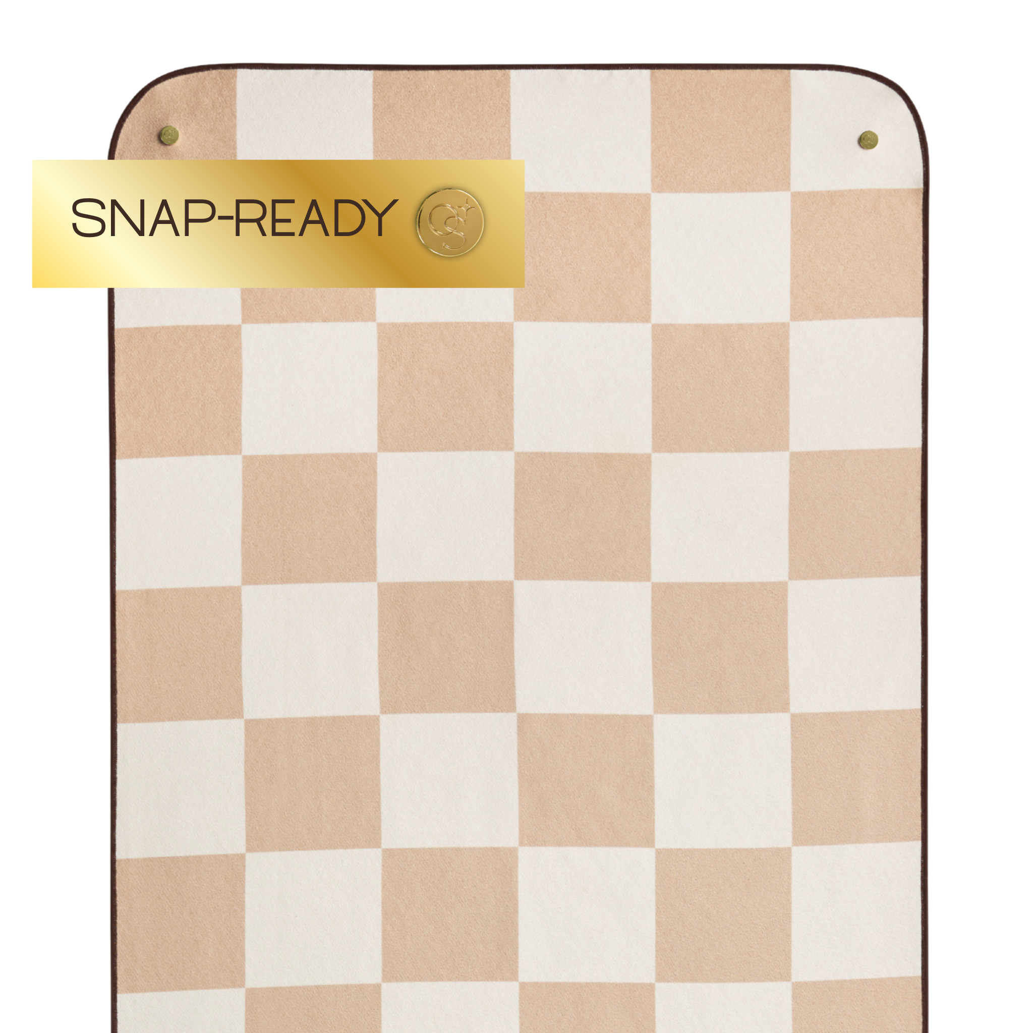 Checkered patterned yoga mat towel with 'Snap-Ready' label on a white background