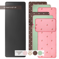black yoga mat, green, brown polka dot, and pink strawberry yoga mat towel, and green, brown polka dot, and pink strawberry hand towel with label that states "Customize your set" and "ultimate set up