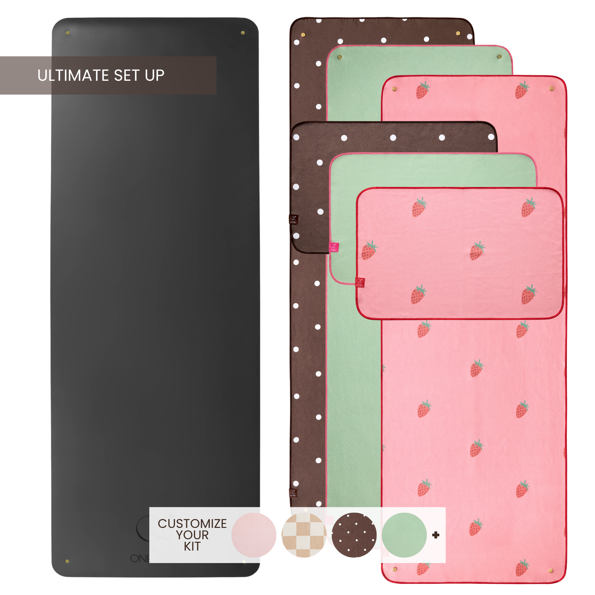 black yoga mat, green, brown polka dot, and pink strawberry yoga mat towel, and green, brown polka dot, and pink strawberry hand towel with label that states "Customize your set" and "ultimate set up