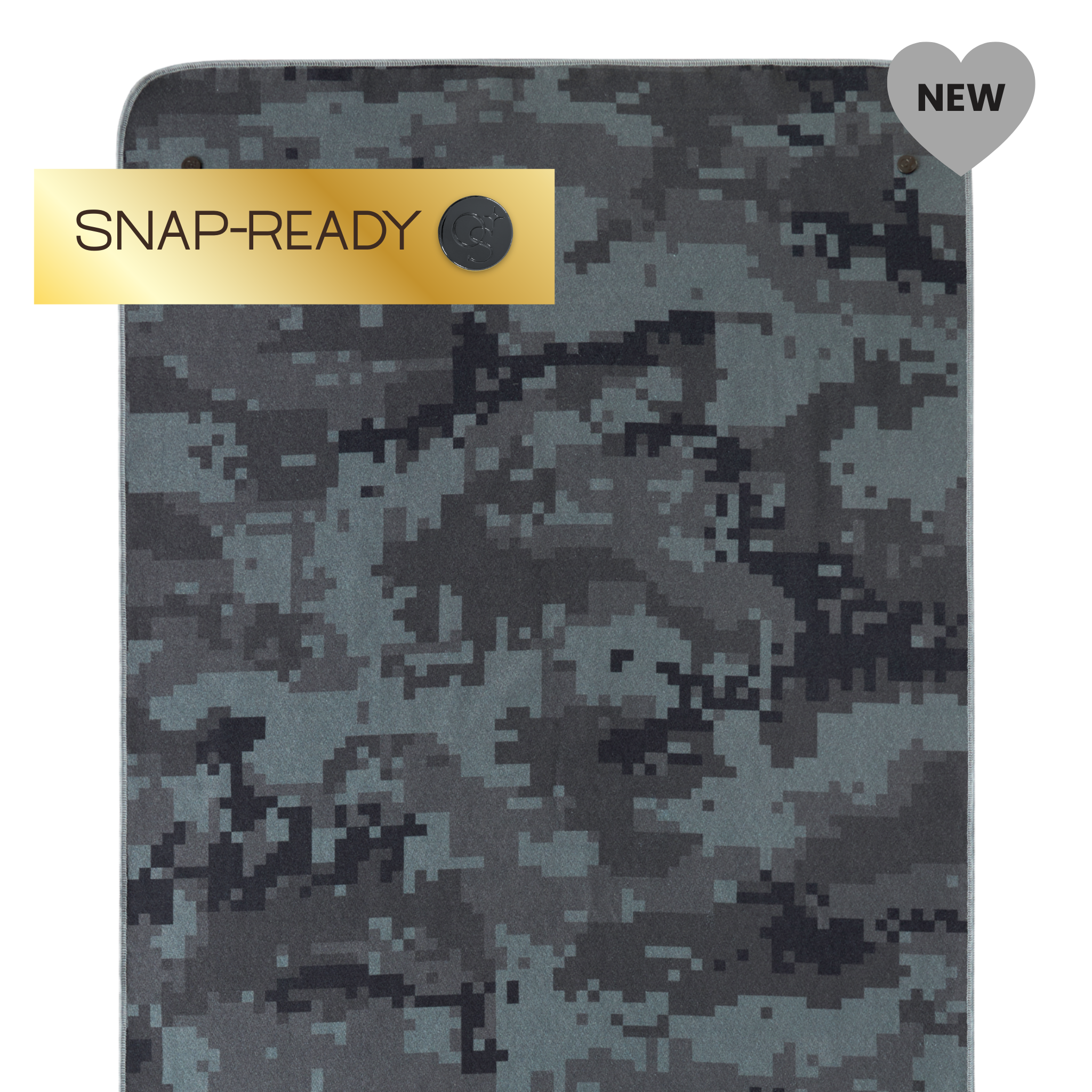 camo patterned yoga mat towel with "new" label and "snap-ready" label