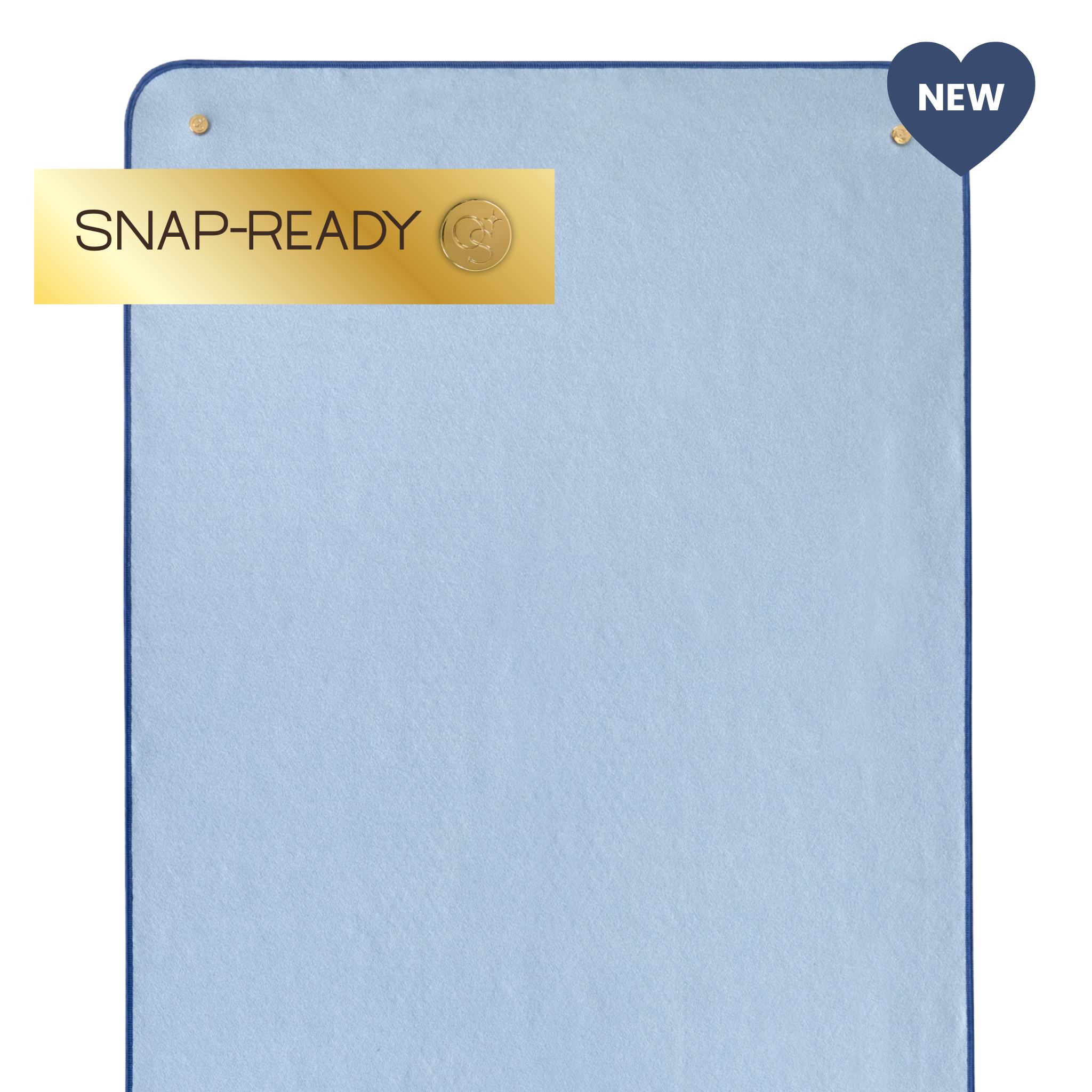 light blue yoga mat towel with "snap-ready" label