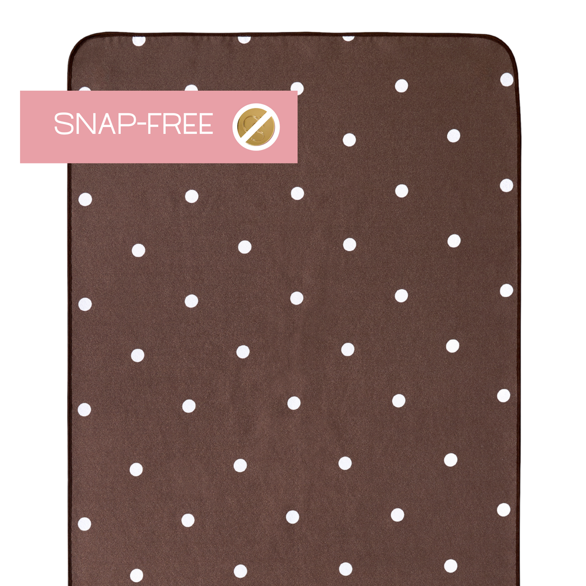brown yoga mat towel with polka dots and label that says "snap-free" 