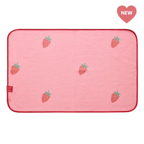 pink hand towel with strawberry print