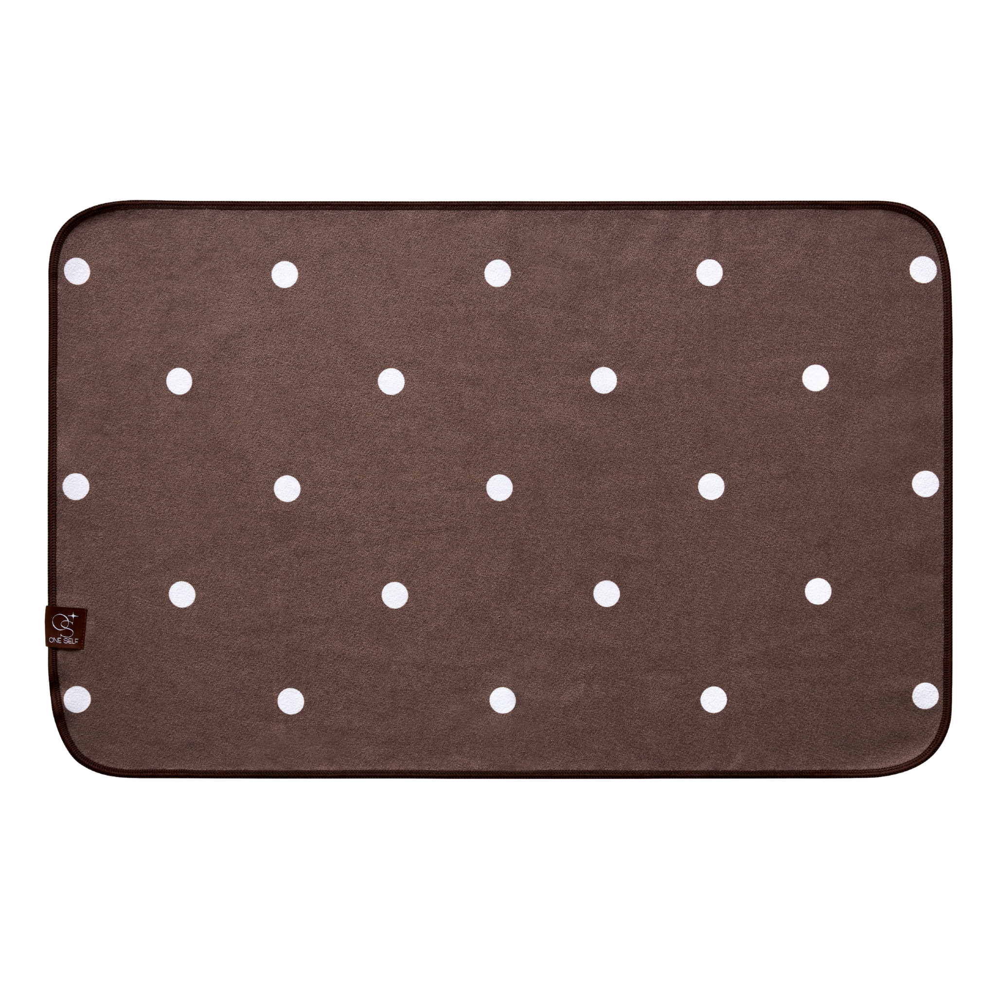 dark brown and white polka dot hand towel with one self logo 