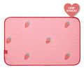pink yoga hand towel with strawberries and label that says "low stock"
