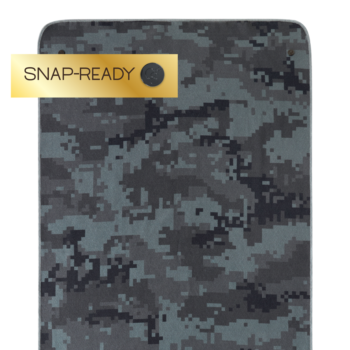 camo yoga mat towel with "snap-ready" label