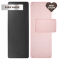 black yoga mat, pink yoga mat towel, and pink hand towel with label that states "$194 value" and "new color"