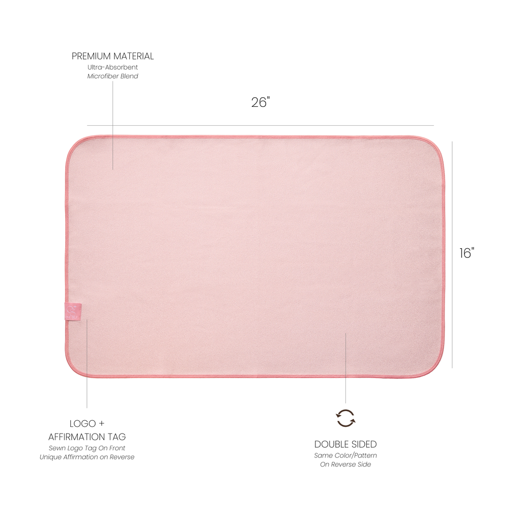 pink hand towel with dimensions labelled