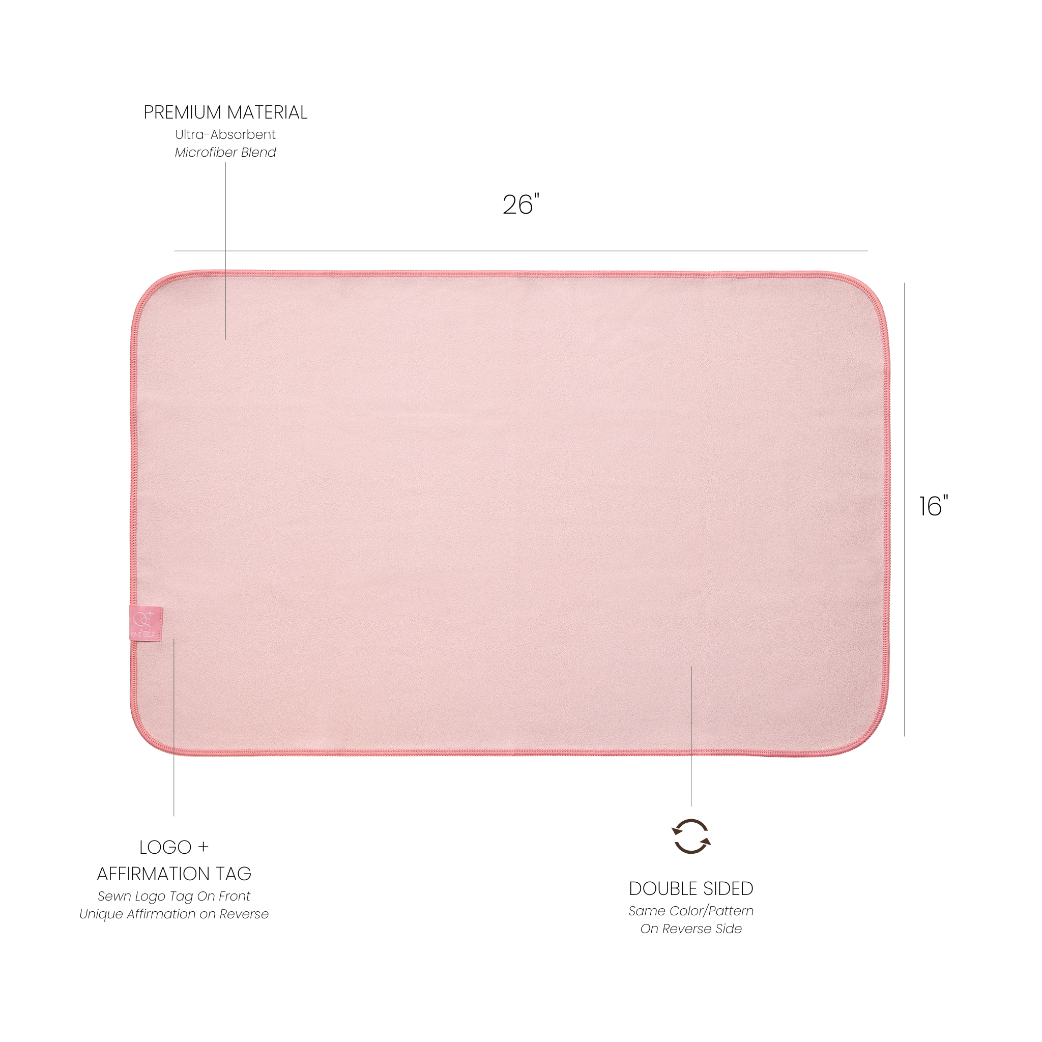pink hand towel with dimensions labelled