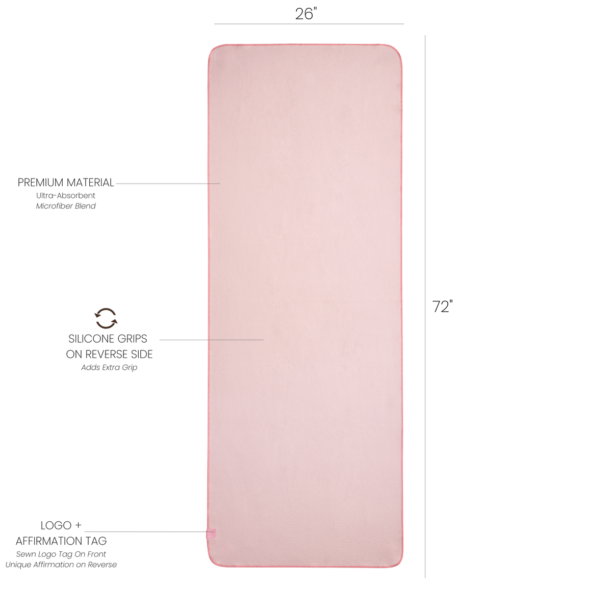Pink yoga mat towel with measurements and feature labels on a white background