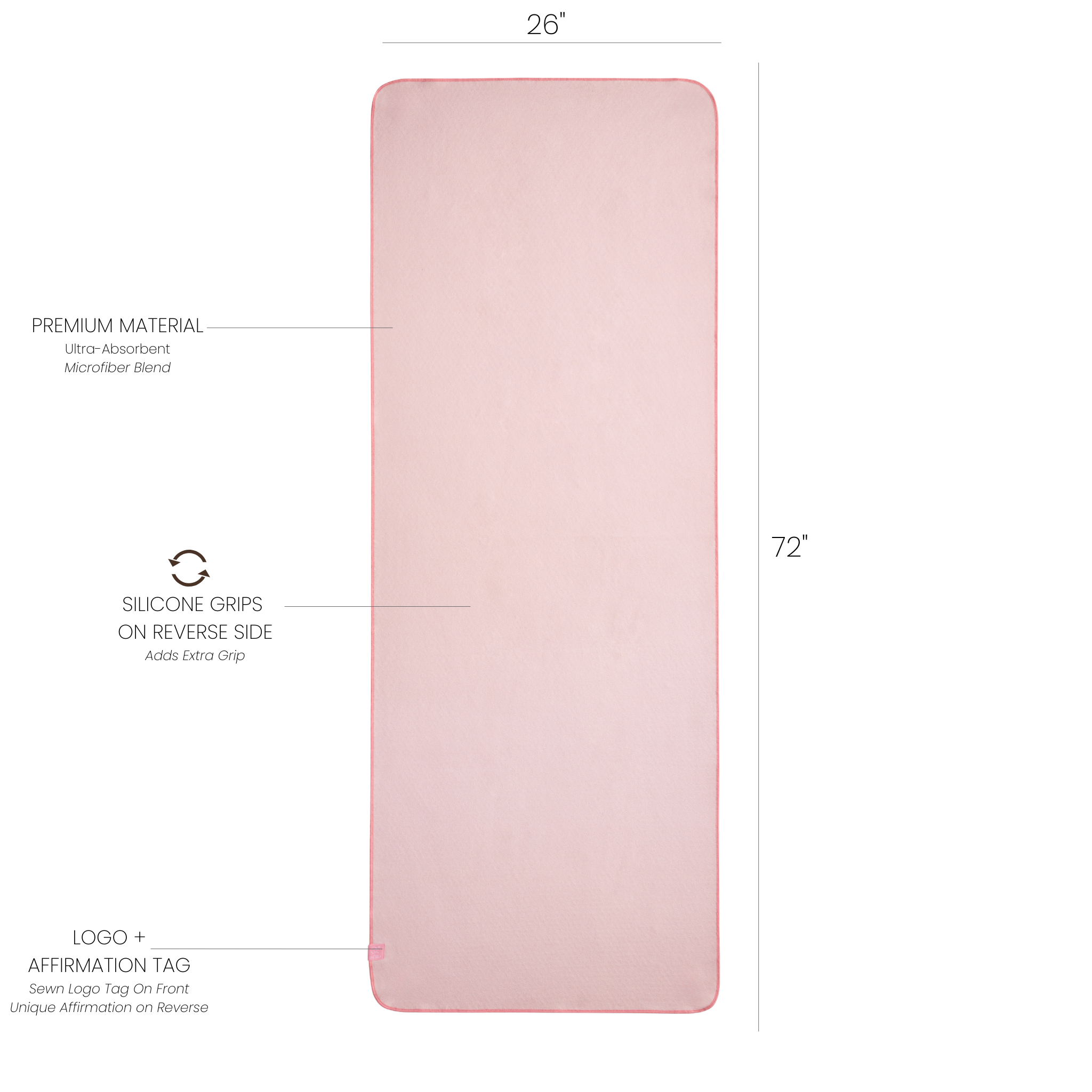 Pink yoga mat towel with measurements and feature labels on a white background