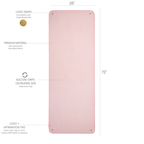 Pink yoga mat towel with measurements and features on a white background