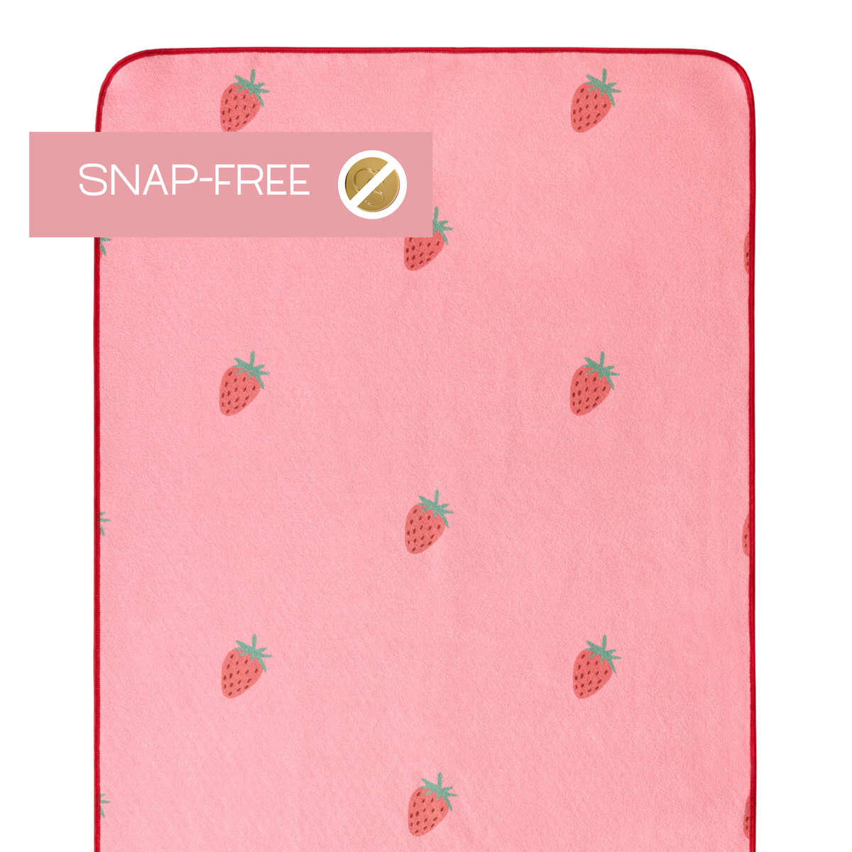 pink yoga mat towel with strawberries and labels that say "snap-free"