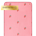 pink yoga mat towel with strawberries and labels that say "snap-ready" 