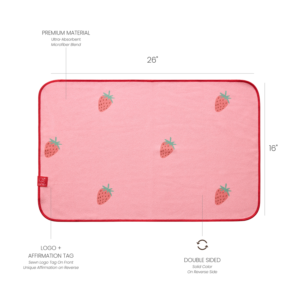 strawberry print hand towel with dimensions and labels
