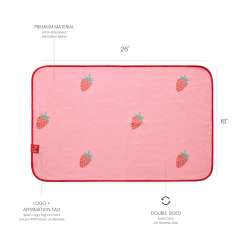 strawberry print hand towel with dimensions and labels