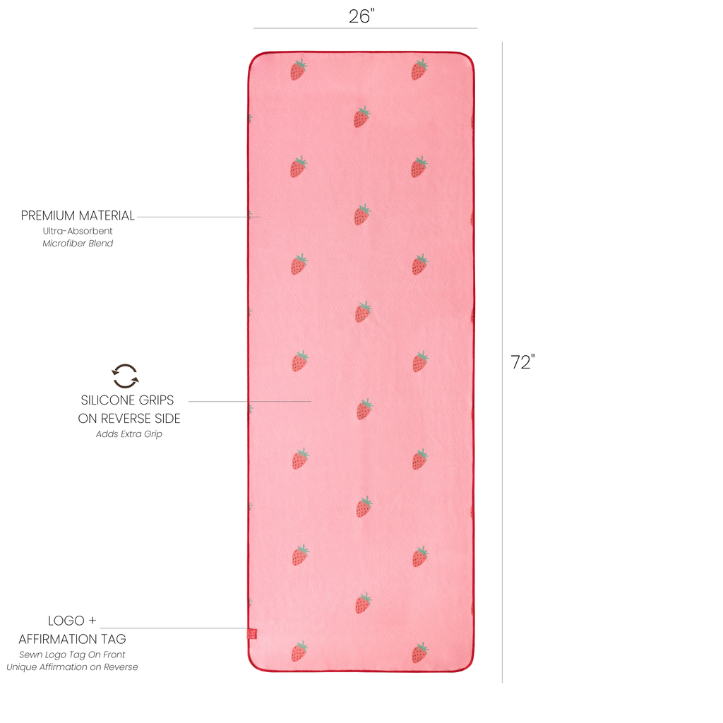 strawberry print yoga mat towel with dimensions and labels