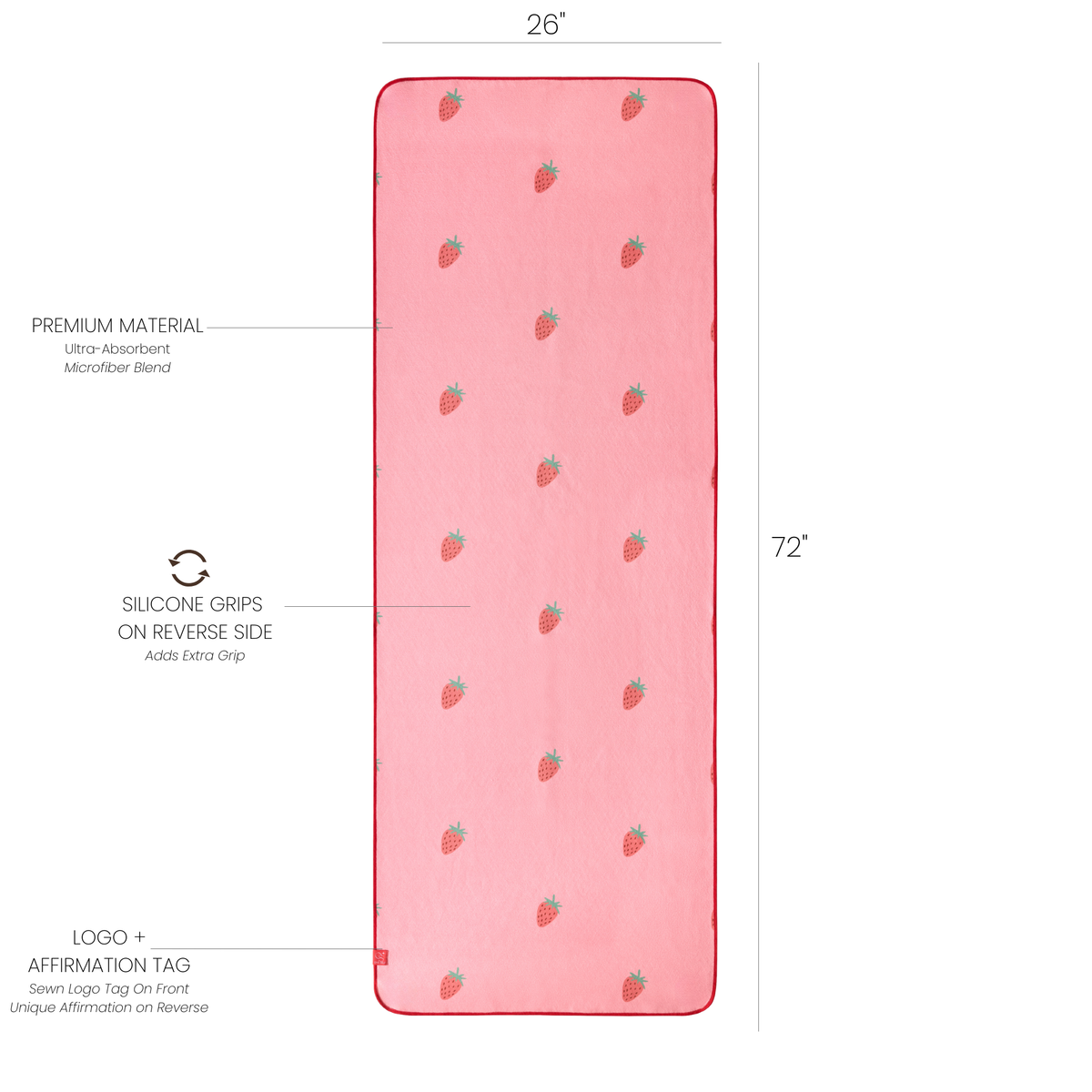 strawberry print yoga mat towel with dimensions and labels
