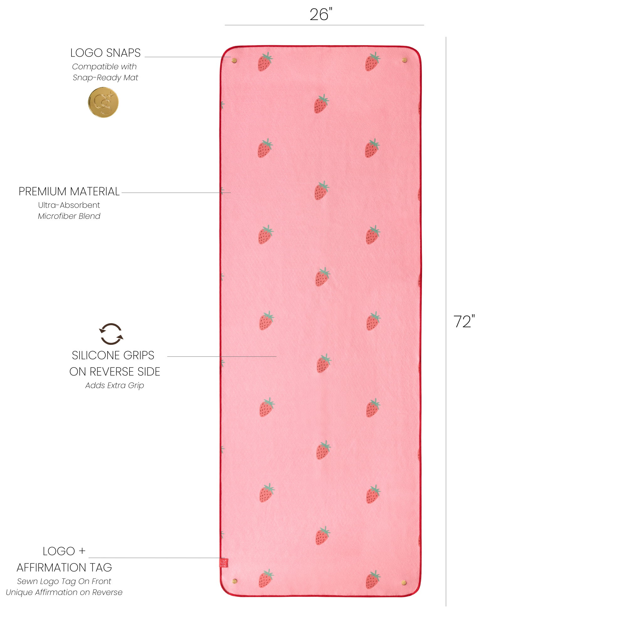 strawberry print yoga mat towel with dimensions and labels