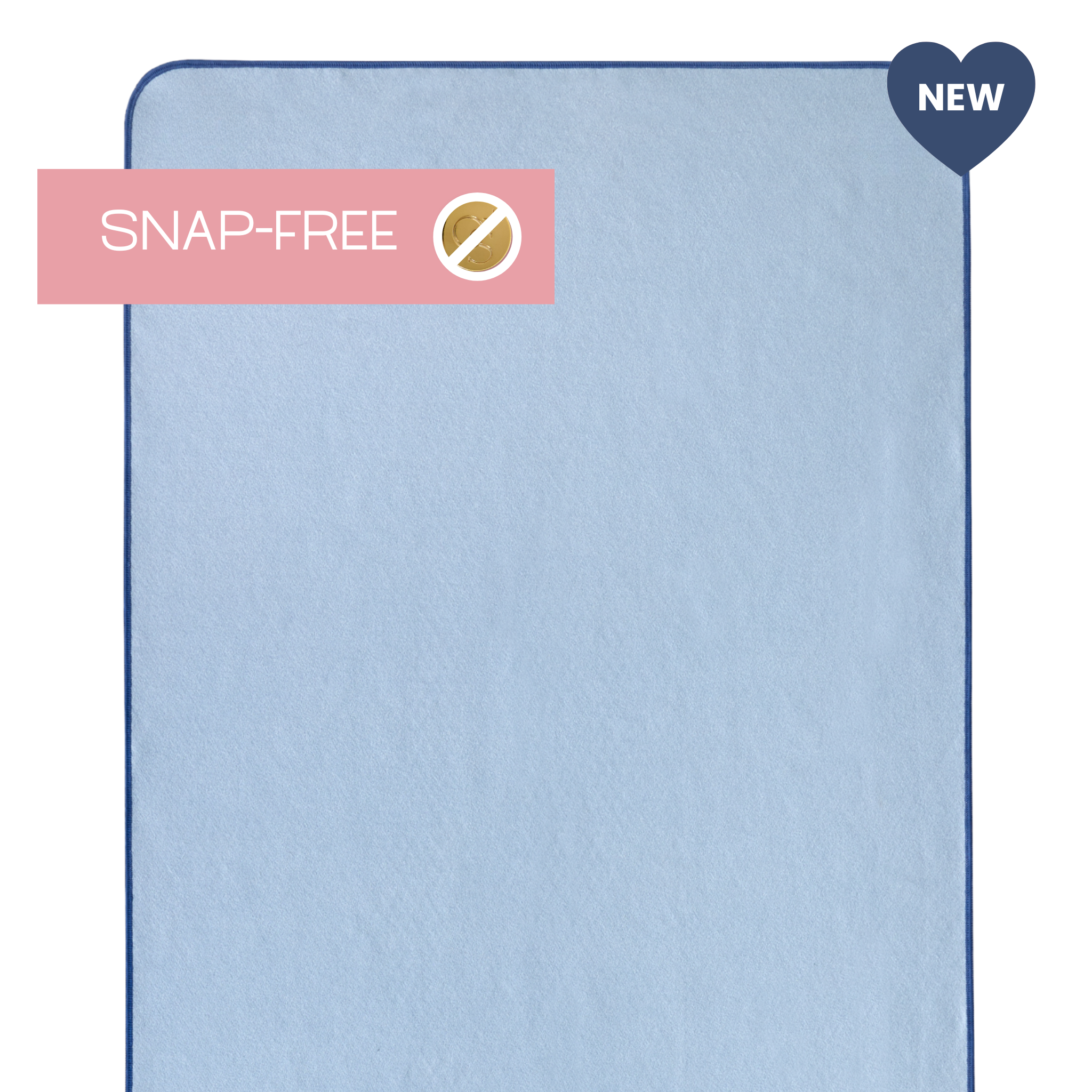 blue yoga mat towel with "snap-free" label