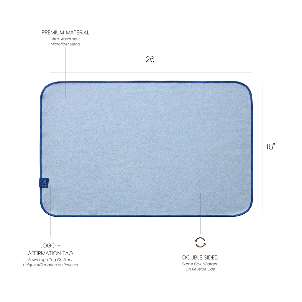 Blue hand towel with measurements and features on a white background