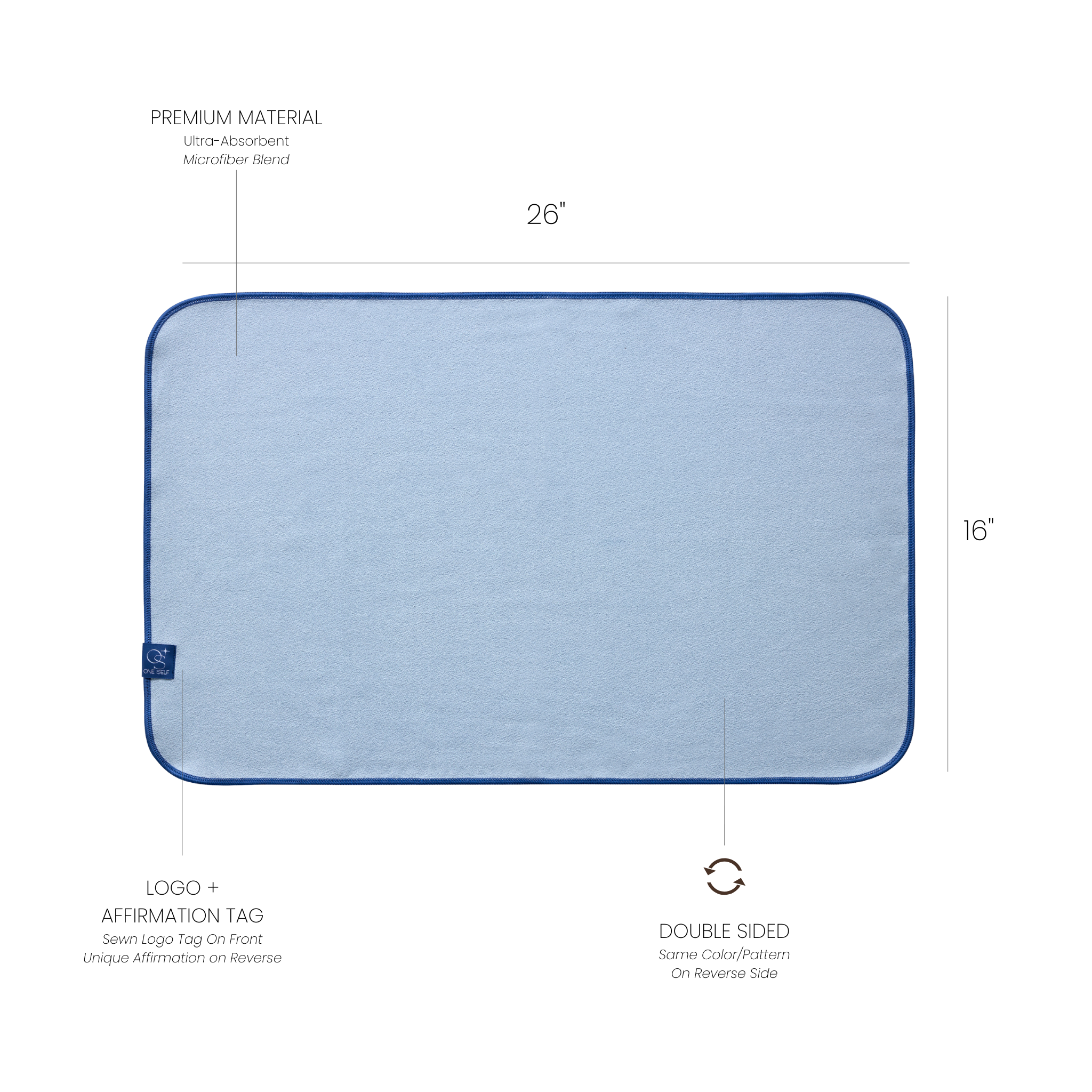 Blue hand towel with measurements and features on a white background