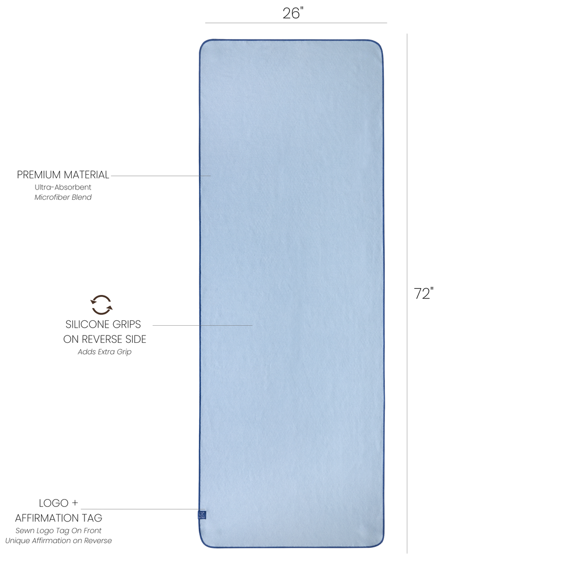 Blue yoga mat towel with measurements and feature labels on a white background