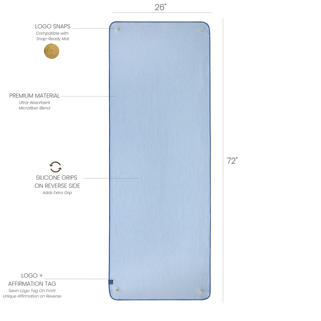 Blue yoga mat towel with dimensions and features labeled on a white background