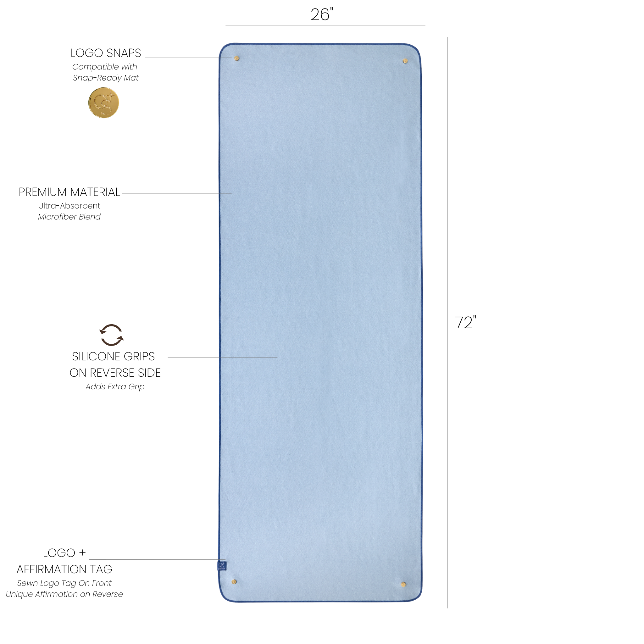 Blue yoga mat towel with dimensions and features labeled on a white background