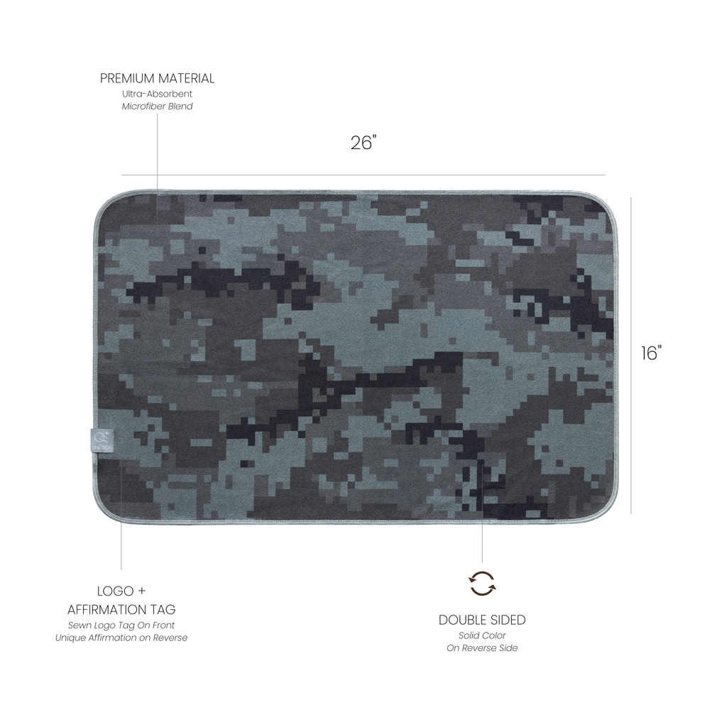 camo hand towel with dimensions labelled
