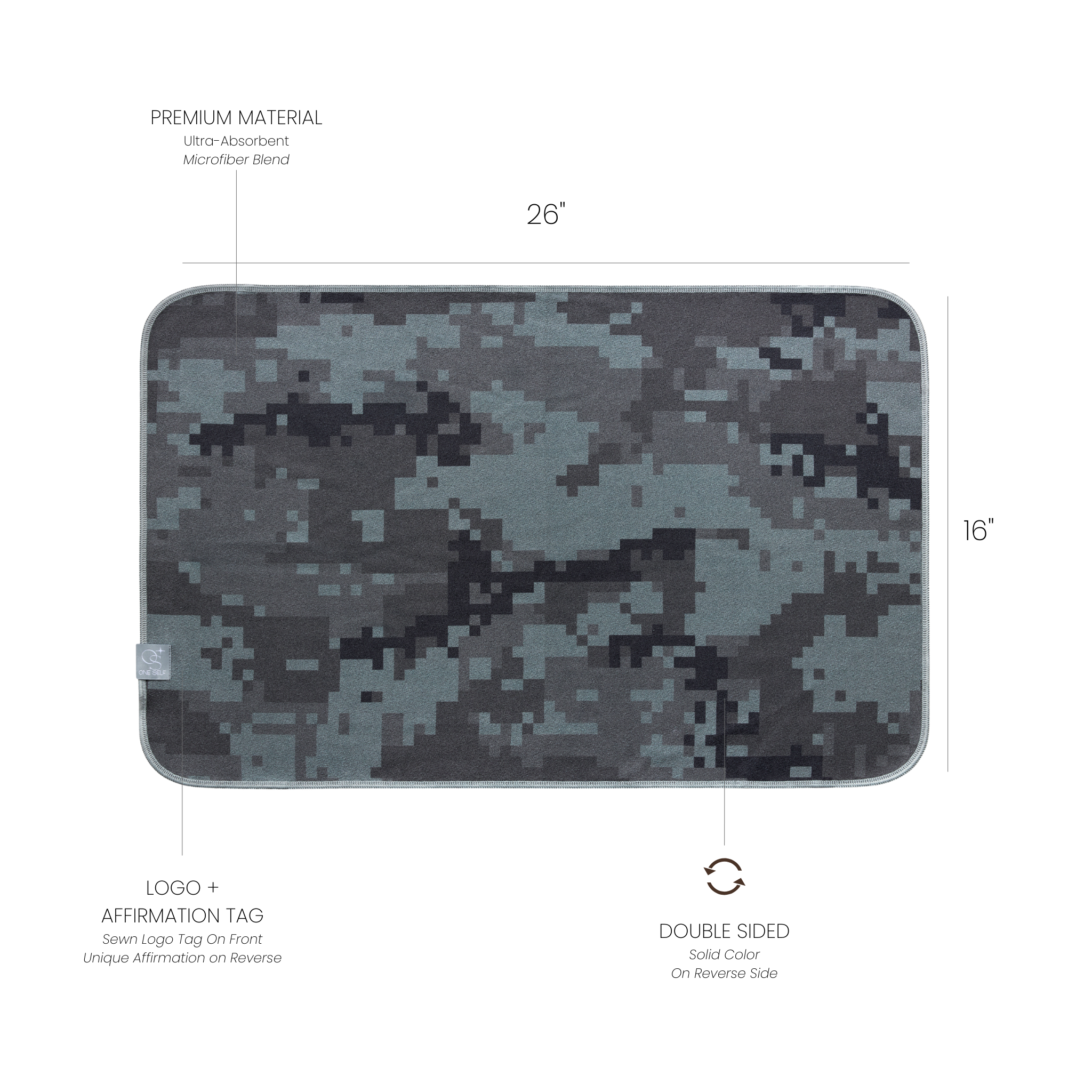 camo hand towel with dimensions labelled