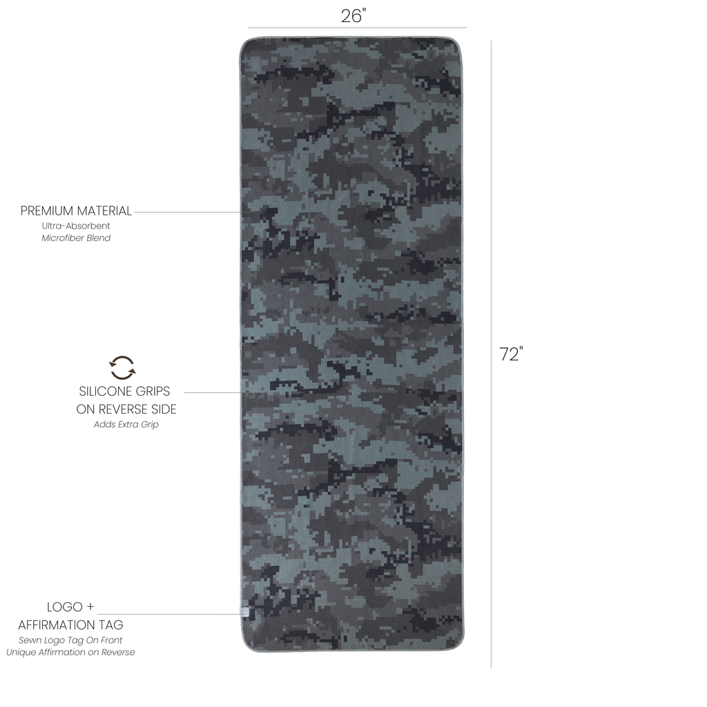 camo mat towel with dimensions and labels
