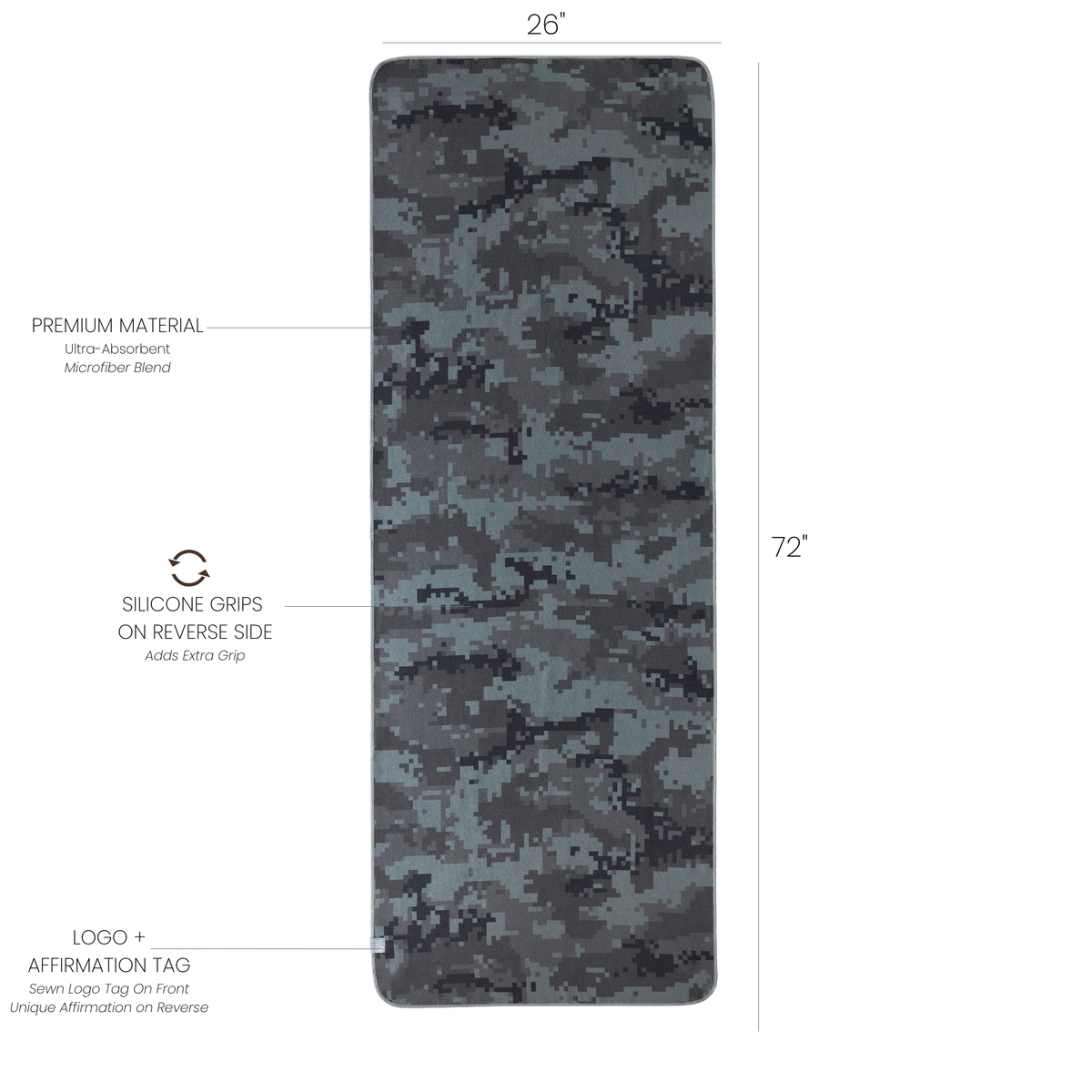camo mat towel with dimensions and labels