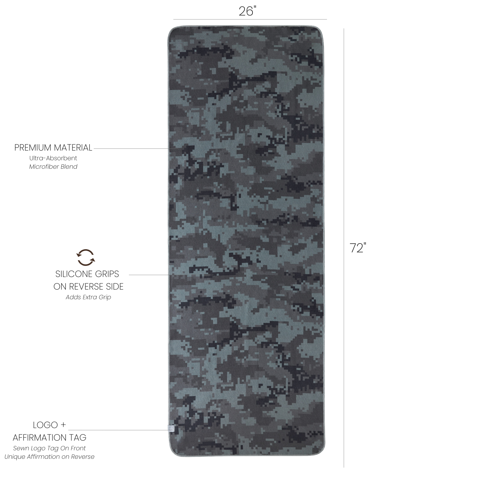 camo mat towel with dimensions and labels