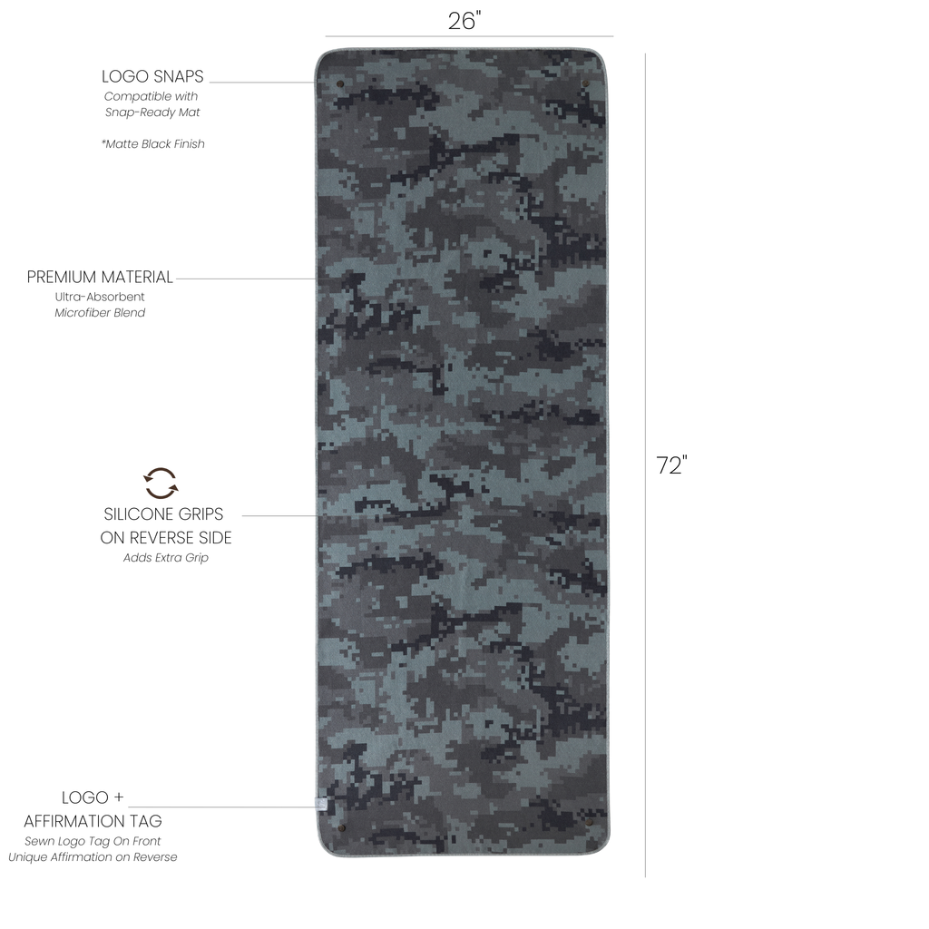 Camouflage-patterned mat towel with measurements and feature labels on a white background