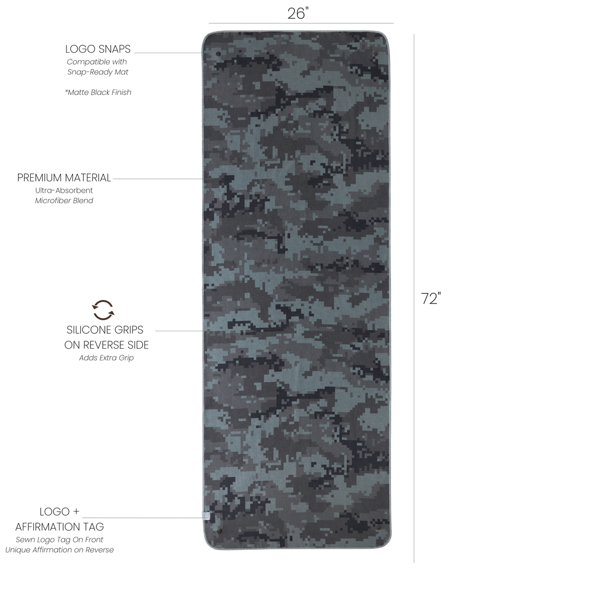 Camouflage-patterned mat towel with measurements and feature labels on a white background
