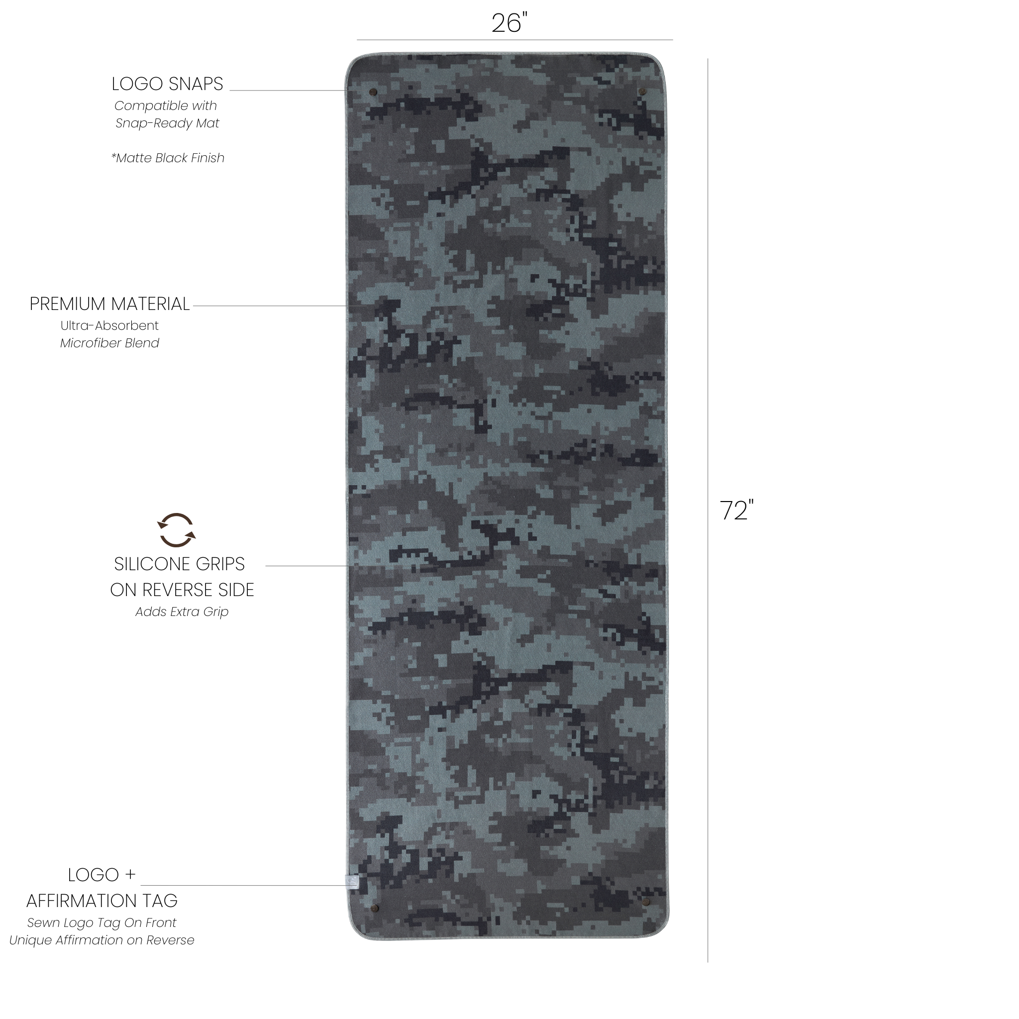 Camouflage-patterned mat towel with measurements and feature labels on a white background