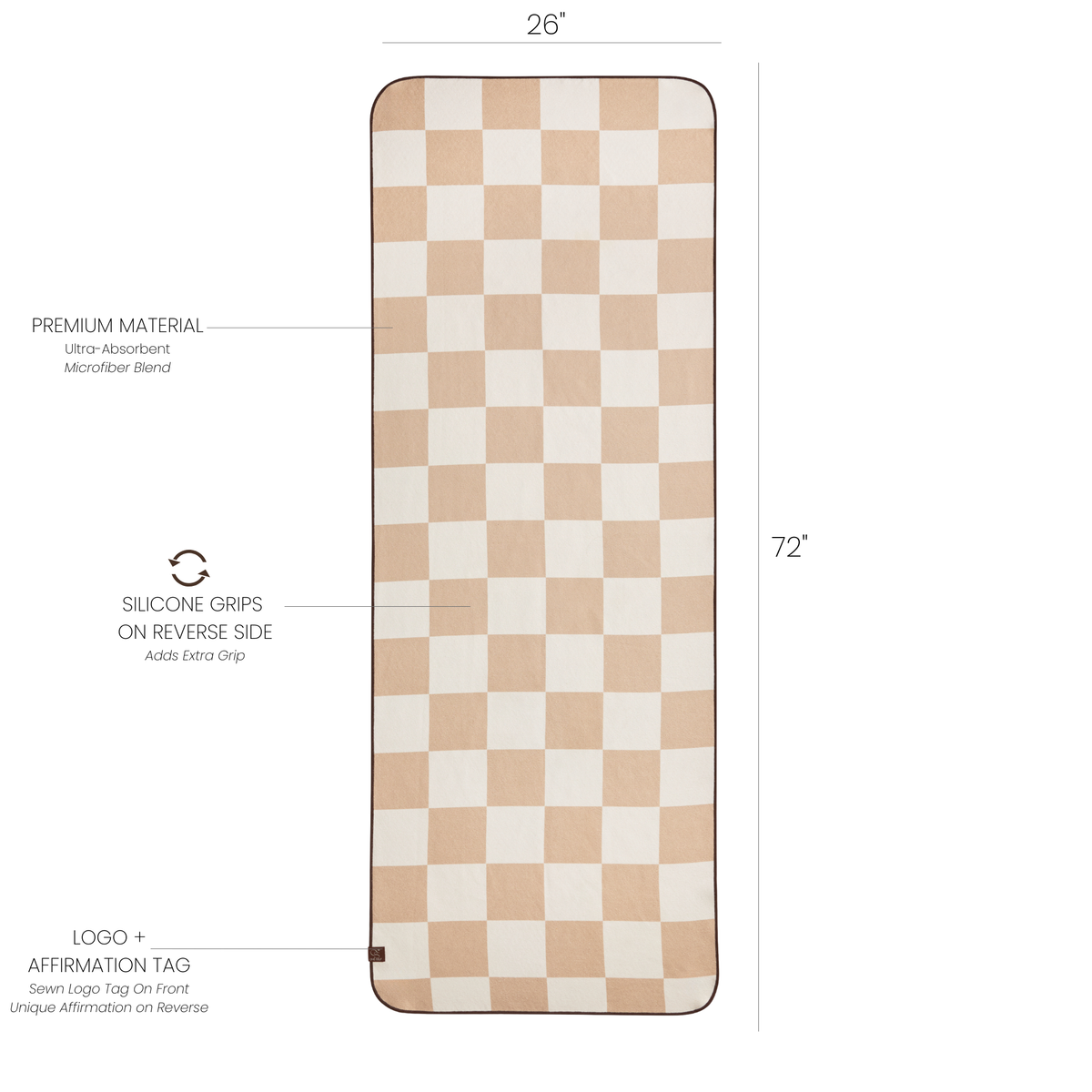 checkered mat towel with dimensions and labels